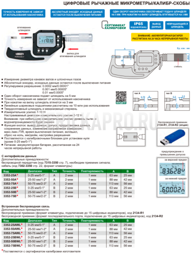 3352-25B Микрометр цифровой с лезвийными измерительными поверхностями с невращающимся шпинделем влагозащищенный IP65 МКЦ 0-25 мм/0-1" INSIZE