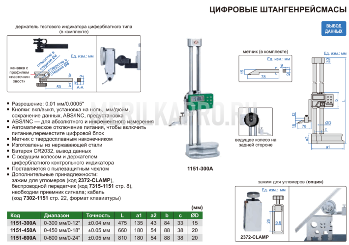 1151-300A Штангенрейсмас цифровой ШРЦ 0–300 мм, 0.01 мм