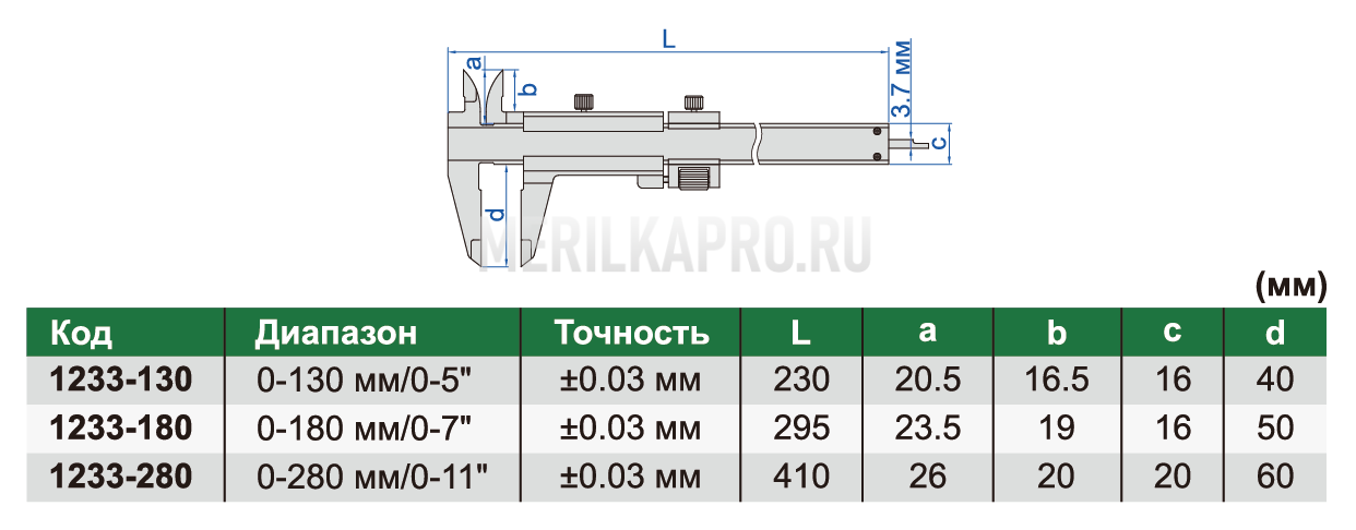 1233-280 Штангенциркуль нониусный с точной подстройкой ШЦ-1 0-280 мм ±0.03 мм INSIZE