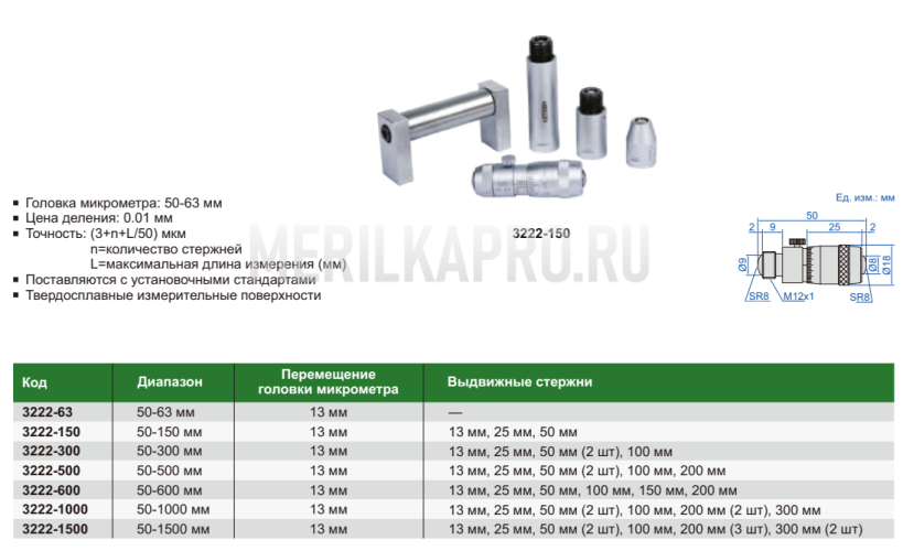 3222-300 Нутромер двухточечный микрометрический 50-300 мм INSIZE