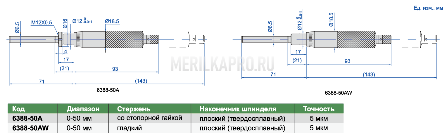 6388-50A Головка микрометрическая с большим ходом шпинделя 0-50 INSIZE