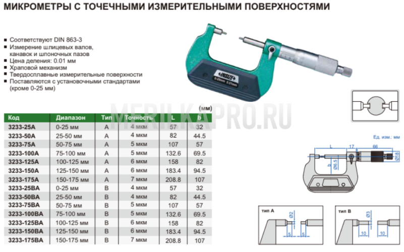 3233-25BA Микрометр точечный с точечными измерительными поверхностями 0-25 мм INSIZE